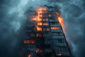 Fotobehang The Importance of Fire Safety and Emergency Response Protocols: A Highrise Building in Flames. Concept Fire Safety, Emergency Response, High-rise Buildings, Safety Protocols, Fire Prevention © Anastasiia