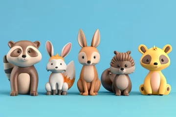 Fotobehang Cute forest animals set including bear, raccoon, fox, hare, squirrel, hedgehog, and deer, 3D illustration © furyon