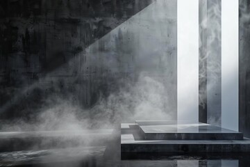 Dark Abstract Cement Wall with Gradient Studio Lighting and Floating Smoke, Interior Texture for Product Display, 3D rendering