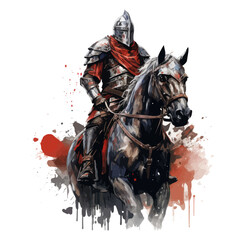 A painting depicting a knight riding a horse.