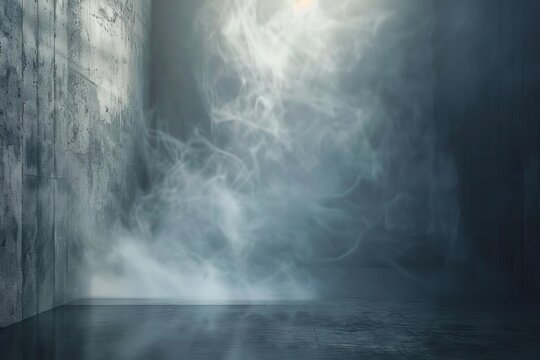 Dark Abstract Cement Wall with Gradient Studio Lighting and Floating Smoke, Interior Texture for Product Display, 3D rendering