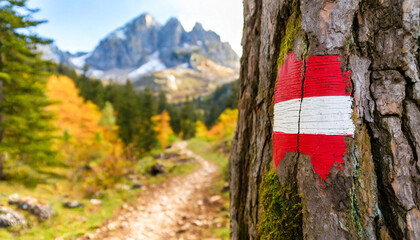Red and white trail sign (trail marker) painted on a tree trunk, in the background a blurred trekking footpath in autumn, with a blurry forest and a mountain peak. Generative Ai.