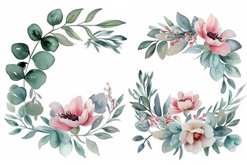 Delicate watercolor floral bouquets and wreaths with eucalyptus and olive leaves, concept illustration - obrazy, fototapety, plakaty