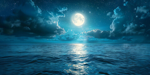 Fototapeta na wymiar full moon on sea at night background, blue moon with clouds on ocean,banner