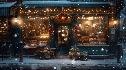 The shopfront of a bakery is adorned with festive decorations and twinkling lights, creating a magical atmosphere on a snowy evening.