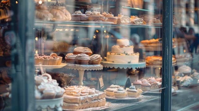 A captivating display of elegant pastries and cakes in a patisserie window invites passersby with its intricate designs.