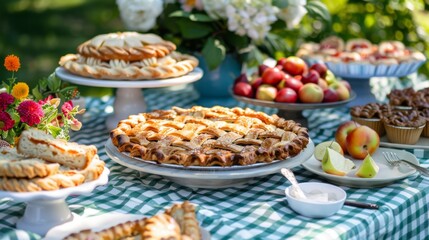 An outdoor table is festively laid with a feast of summer pies and fresh fruit, celebrating the abundance of the season.