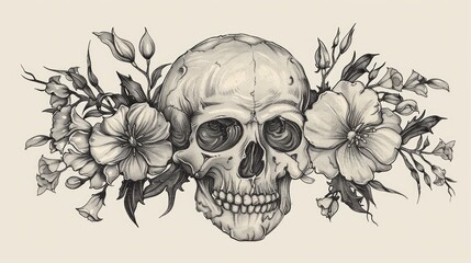 Skull and Flowers Day of The Dead, Vintage illustration. Elegant tattoo design. Gothic style, boho design.  