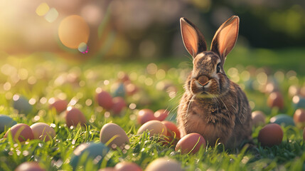Fototapeta na wymiar Happy bunny with many easter eggs on grass festive background for decorative design