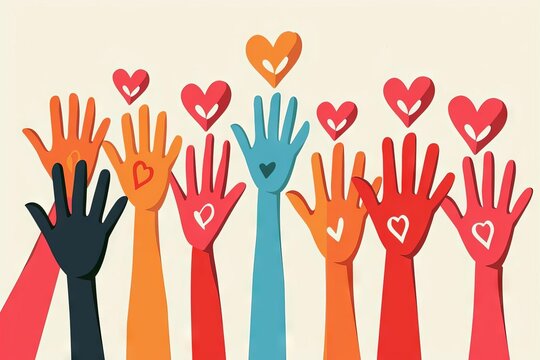 Diverse hands and hearts symbolizing community compassion, love, and support for those in need, concept illustration