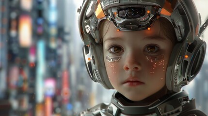 A high-tech robot head with futuristic design elements, set against an out-of-focus urban cityscape background, evoking a sense of advanced technology within a metropolitan setting.