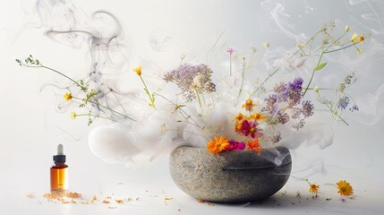 stone mortar and pestle with lots of type of medicinal flowers inside,. flower essence dropper...