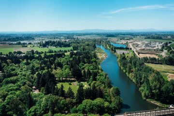 Aerial view of McKenzie River surrounded by lush green on a sunny day