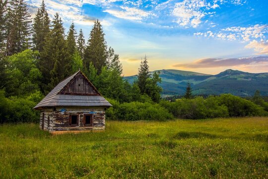 Old, rustic cabin situated on a lush green meadow surrounded by trees. Chamkova stodola, Slovakia.