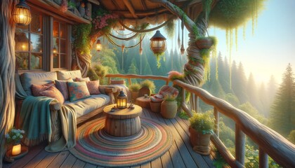 A medium shot of a cozy outdoor seating area on one of the balconies of a whimsical treehouse. - obrazy, fototapety, plakaty