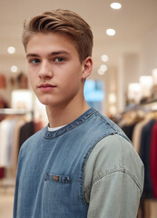 Fashion Forward: Teenage Trendsetter in Urban Chic. A fashion-forward teenager strikes a pose, showcasing a trendy ensemble against the backdrop of a bustling shopping center. 