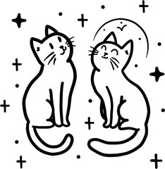 Two Cats with Starry Tails Black and White Illustration.

