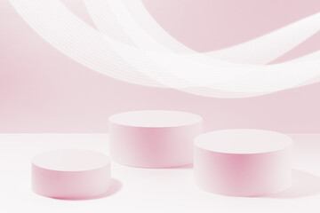 Set of three round pink pedestals for cosmetic products mockup, striped neon glowing trails on pink background. Stage for presentation skin care products, gifts, advertising in vapor wave style.