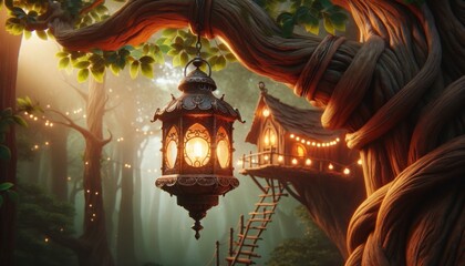 A detailed close-up of an intricately designed, old-fashioned lantern hanging from a thick, twisted tree branch.