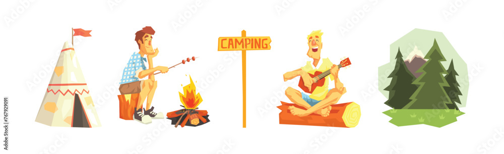 Sticker man character camping have outdoor adventure vector set