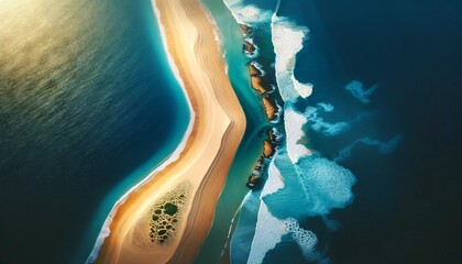 An overhead shot of a sandbar extending into the sea, showing waves gently crashing onto the shore on one side and calm water on the other.