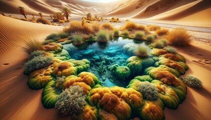 A close shot of a natural spring in a desert, where clear water contrasts with the surrounding arid, sandy landscape. - obrazy, fototapety, plakaty
