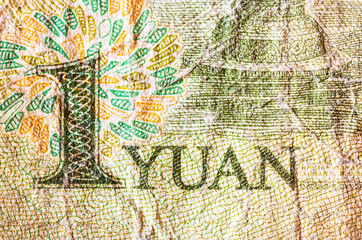 Close-up of Chinese one Yuan old paper banknote. Concept of money, finance, international Asian cooperation, China currency exchange rate, money transactions, trade. Flat lay, macro, top view