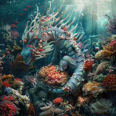 Sea dragon in a coral reef with corals and fish