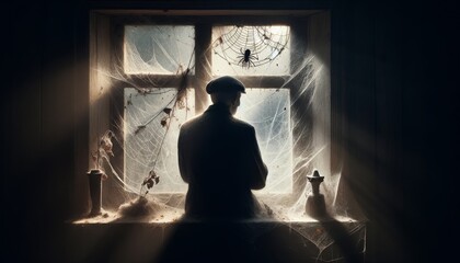 A contemplative image showcasing an old man's silhouette seen through a dusty, cobwebbed window.