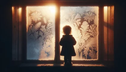Fotobehang A poignant image depicting a child's silhouette behind a frosted window, with the gentle glow of morning light filtering through. © FantasyLand86