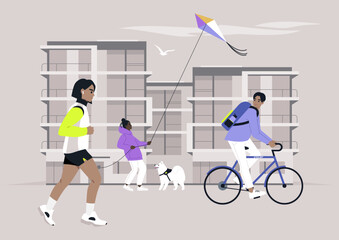 Springtime at the Condo, Cycling, Jogging, and Kite Flying, A cyclist pedals past while a jogger tunes into her run, and a teenager flies a kite in an urban condo backdrop