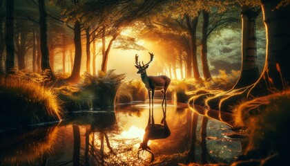 Obraz premium A majestic deer standing in a shallow pond during sunset, with the golden light reflecting off the water.