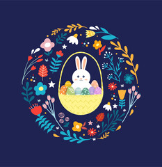 Awesome happy easter card in vector. Funny rabbits and spring flowers with hearts. Stylish holiday background in popular style.Vector illustration.