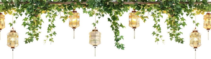 white background, beautiful green vine golden intricate various bright lanterns hanging off vine at differnt lengths   - obrazy, fototapety, plakaty