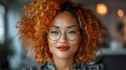 Smiling African American Woman with Curly Red Hair and Glasses in Office