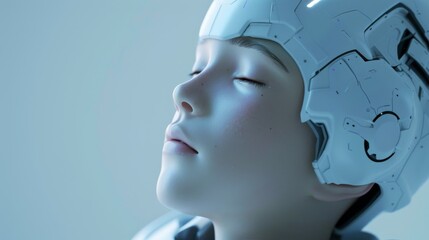Close-up of a modern white robot's head, illustrating advanced technology and artificial intelligence against a calm blue backdrop.