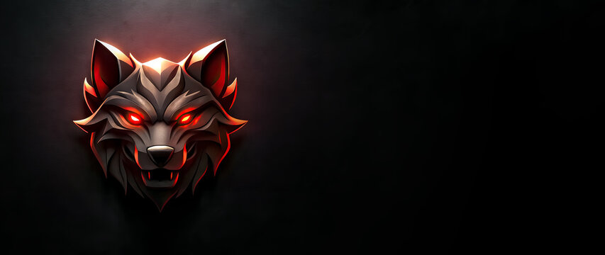 3d evil wolf head logo with glowing red eyes on dark rough background with copy space