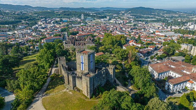 Aerial view of Guimaraes Castle(Castelo de Guimaraes) in Portugal, an impressive medieval fortress