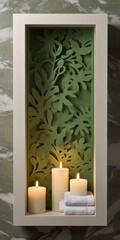 Burning candles in white frame with green leavesle background.