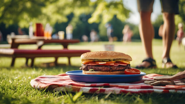 Photo real for A family having a barbecue in the park with a game of frisbee in Summer event theme ,Full depth of field, clean bright tone, high quality ,include copy space, No noise, creative idea