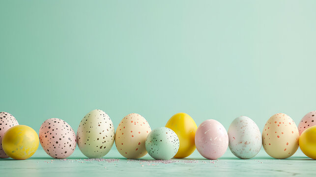 Colorful easter eggs with neutral background and copy space - AI generative