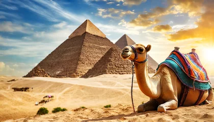 Foto op Canvas Close-up of a camel resting in front of the three Egyptian pyramids in the desert. Generative Ai. © Alberto Masnovo