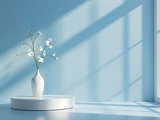 Modern trending lightweight blue background for product presentation with shadow and light from windows. Empty podium with a vase of a flower