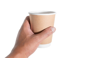 man's hand holding a paper coffee cup garbage waste for recycling. isolated on a white background.