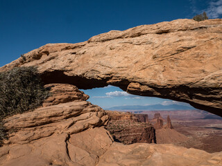 Mesa Arch desert with a view of the mountains