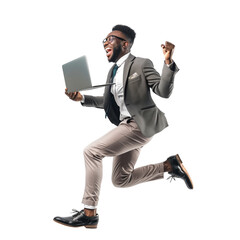 Business man jump and fly with laptop in air