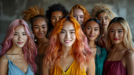 Vibrant Multiethnic Women Smiling with Assorted Colorful Hair - obrazy, fototapety, plakaty