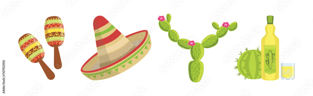 Poster colorful mexican object and authentic attribute vector set