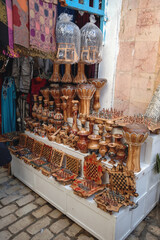 Wooden souvenirs on souk on Old Town - Medina of Sousse city, Tunisia