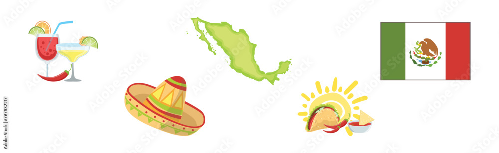 Poster colorful mexican object and authentic attribute vector set